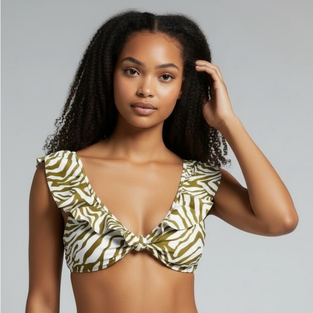 ANTONIO MELANI Olive and White Zebra-Print Ruffle Bikini Top